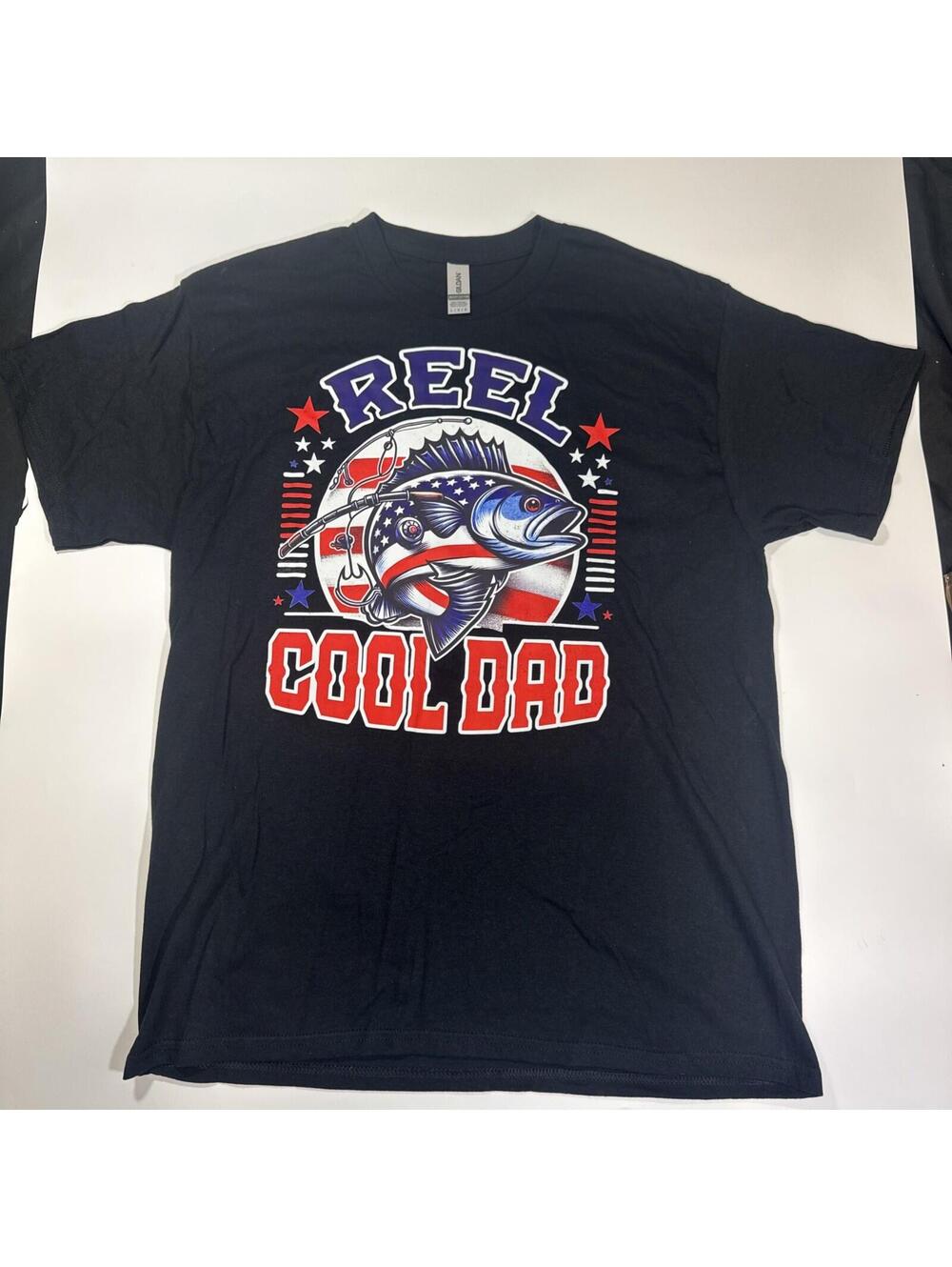 Reel Cool Dad Fishing Black T-Shirt Size Large Father's Day Gift Tee Patriot